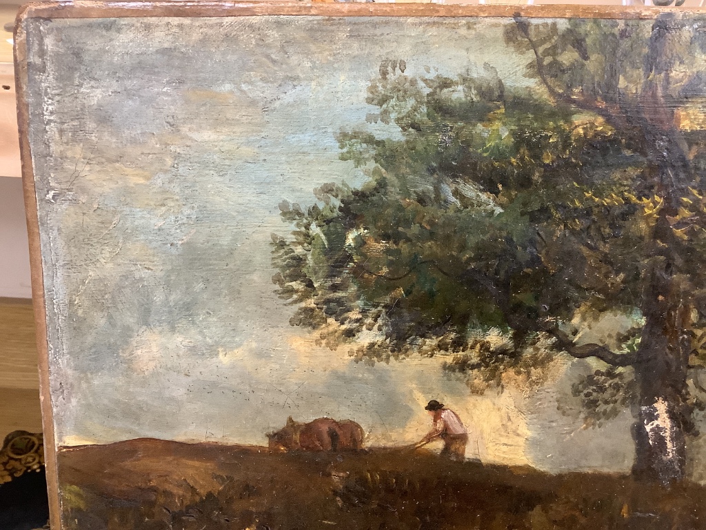 Victorian School, oil on canvas, Figures picking fruit in a landscape, indistinct label verso, 48 x 65cm, unframed